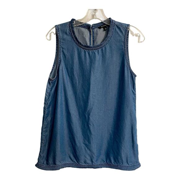 Banana Republic Blouse Women Small Blue Sleeveless Chambray Denim Fringe Trim - Picture 1 of 8